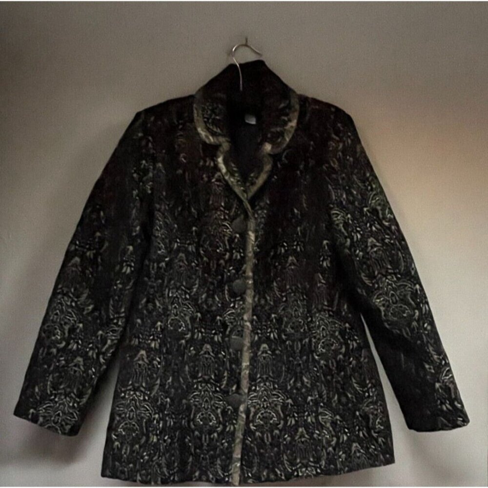 Chico's Women's Size 1 Black & Gold Embroidered Button Front Coat Jacket Lined